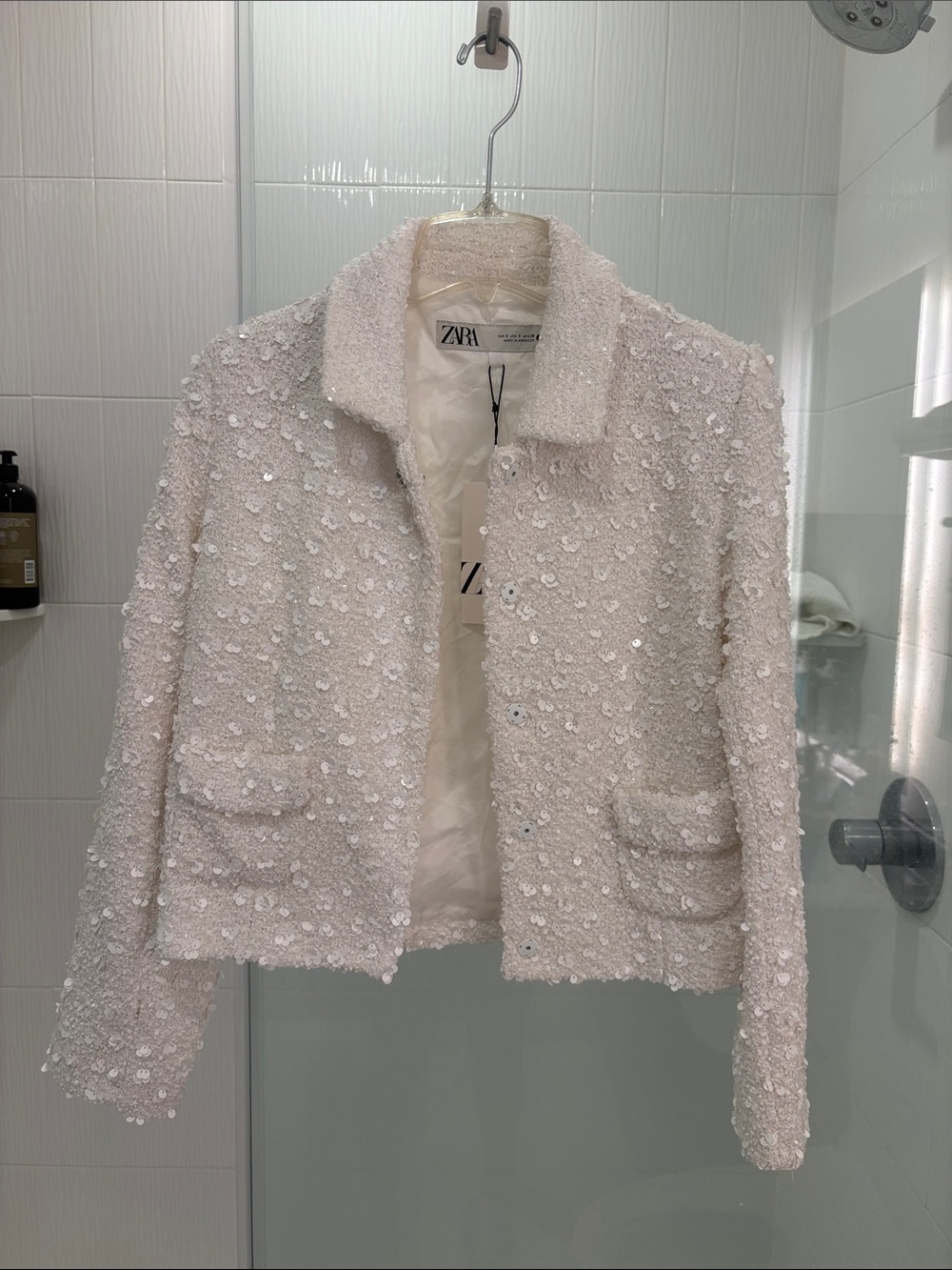 Zara white Sequin Bouclé Cropped Jacket